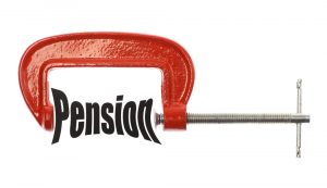 The word "pension" compressed with a clamp